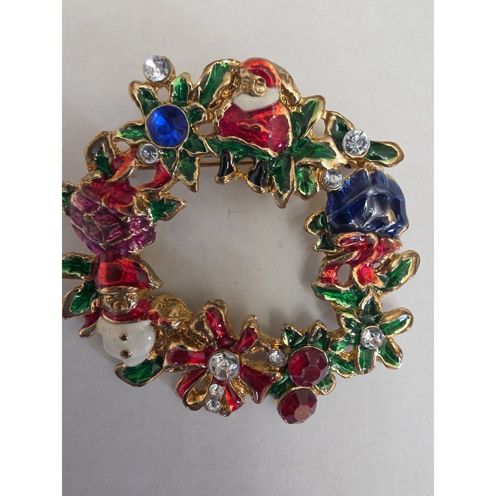 Vintage Gold Tone Santa Wreath Brooch w/Rhinestones 1970's Vtg